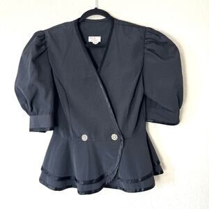 Vintage Lady Carol Black Puff Sleeve Peplum Rhinestone Blazer Blouse Size 8